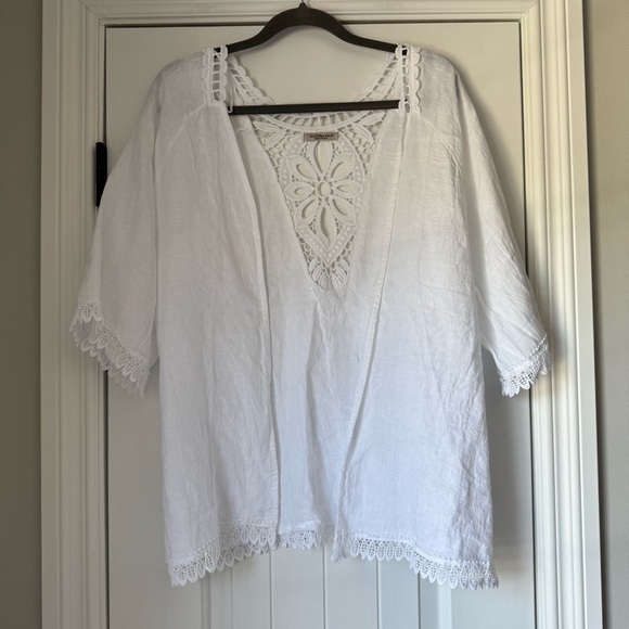 VALENTINA Naldi White Linen Crochet Lace Trim Cover Up - Picture 1 of 8